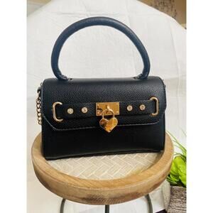 Black Mini Handbag with Gold Heart Lock Accent